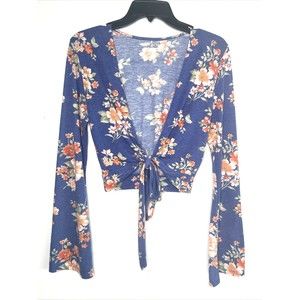 American Eagle Blue Floral Open Front Crop Top Tie Waist Small